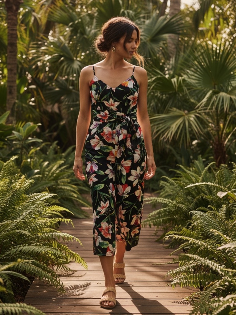Lush Floral Black Tie-Waist Jumpsuit size S